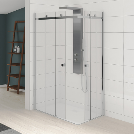 Kinestyle corner entry with 2 sliding doors and fixed panels