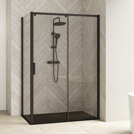Smart Design Sliding Door with Fixed Panel and Fixed Side Panel, black profiles, door on left